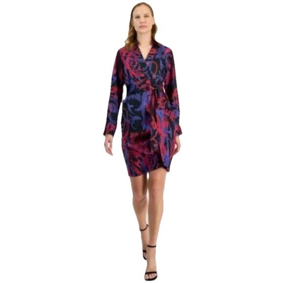 Tahari ASL Printed Faux-Wrap Dress Women's Multi V-Neck Side Zip Size 16 - Picture 1 of 8